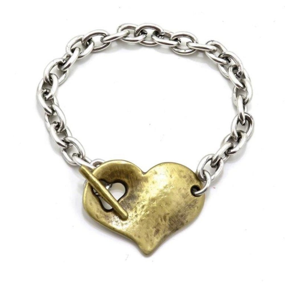 Two Tone Hammered Heart Chunky Bracelet Toggle Closure
